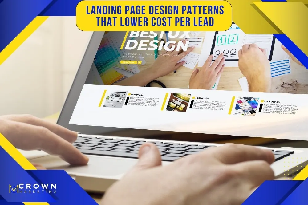 Laptop displaying website design services by Crown Marketing, with hands sketching on paper, highlighting digital marketing services expertise.| Crown Marketing Digital Marketing Agency Las Vegas