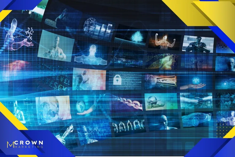 A collage of digital screens with futuristic tech imagery, featuring Crown Marketing's logo, highlighting their digital marketing services expertise.| Crown Marketing Digital Marketing Agency Las Vegas