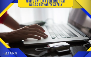 A person's hand types on a laptop with the Crown Marketing logo, highlighting their digital marketing services expertise in lead generation and white hat link building strategies.| Crown Marketing Digital Marketing Agency Las Vegas