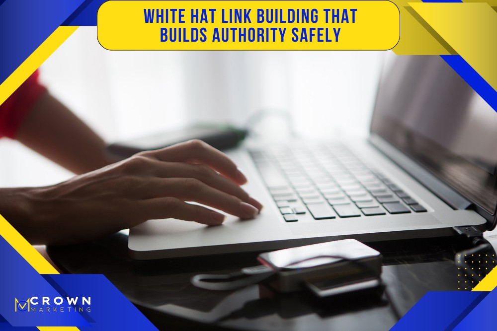 A person's hand types on a laptop with the Crown Marketing logo, highlighting their digital marketing services expertise in lead generation and white hat link building strategies.| Crown Marketing Digital Marketing Agency Las Vegas