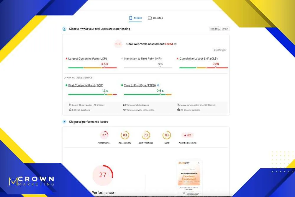 Signs Your Website Needs a Redesign-3.jpg Web performance metrics dashboard with graphs and scores. Crown Marketing logo at bottom left, highlighting digital marketing services in Las Vegas.| Crown Marketing Digital Marketing Agency Las Vegas