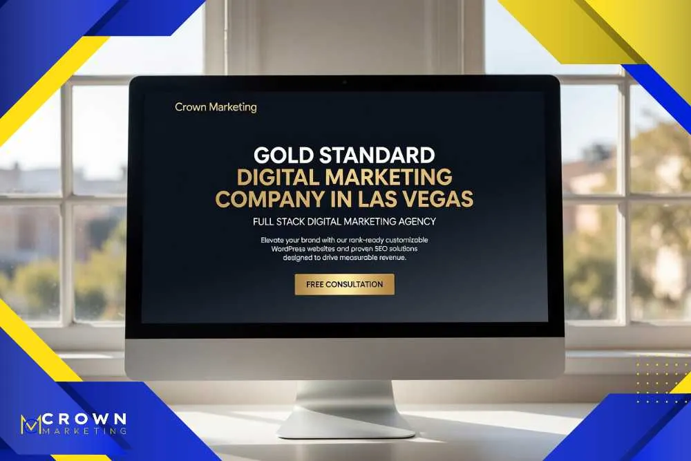 Signs Your Website Needs a Redesign-4.jpg A computer screen displaying Crown Marketing, a Las Vegas digital marketing agency, offering WordPress web design and SEO services, with a prompt for a free consultation.| Crown Marketing Digital Marketing Agency Las Vegas
