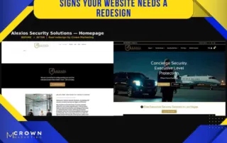 Before and after website redesign for Alexios Security by Crown Marketing, showcasing improved layout and visual appeal, highlighting their Las Vegas marketing expertise.| Crown Marketing Digital Marketing Agency Las Vegas