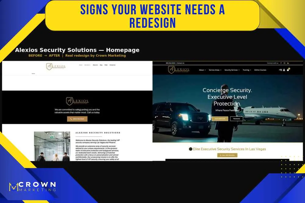 Before and after website redesign for Alexios Security by Crown Marketing, showcasing improved layout and visual appeal, highlighting their Las Vegas marketing expertise.| Crown Marketing Digital Marketing Agency Las Vegas