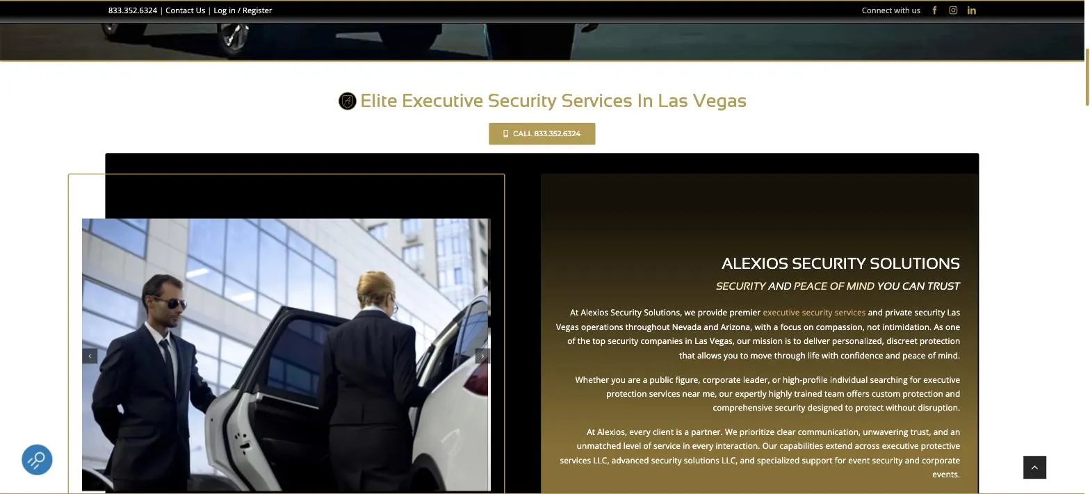 Alexios Security Solutions website built by Crown Marketing, executive protection in Las Vegas