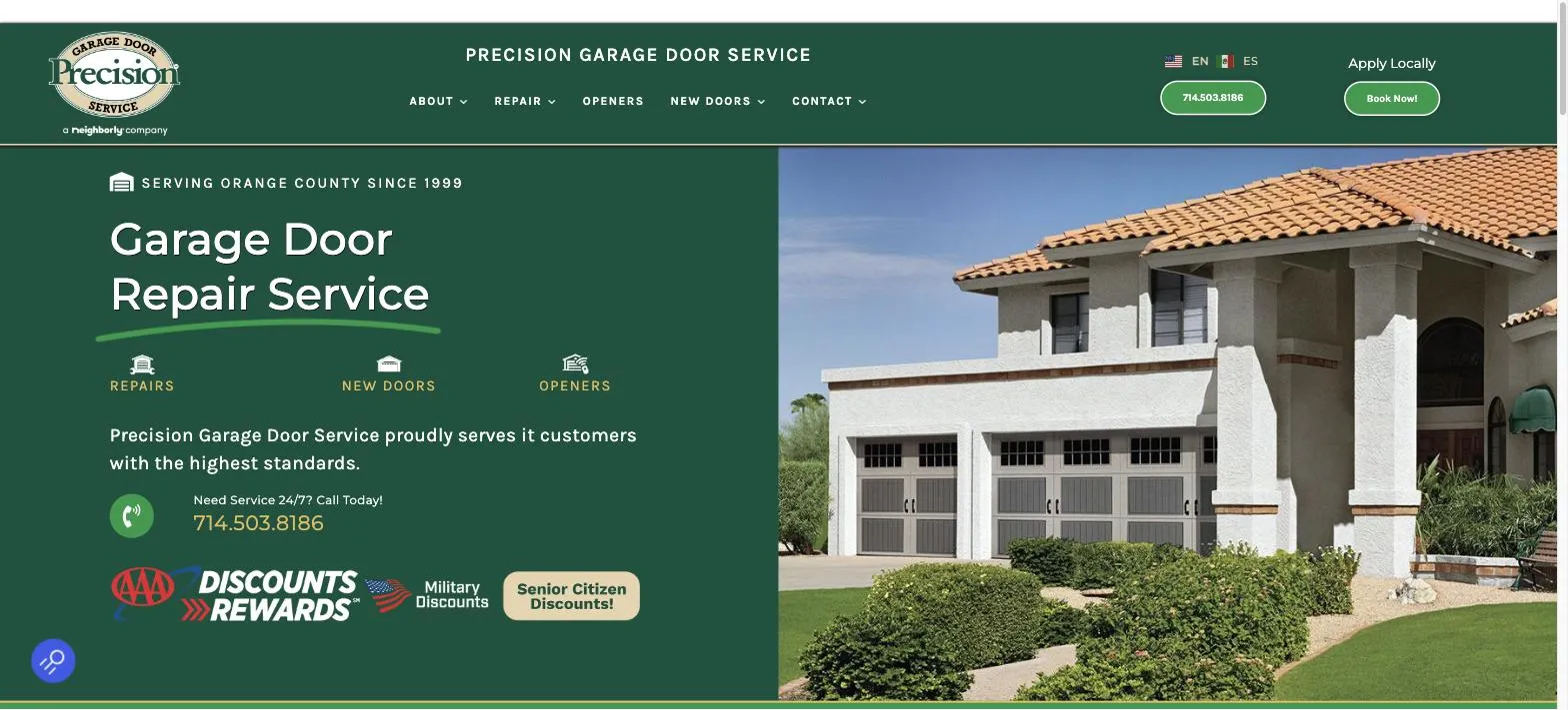 Precision Garage Door Service website built by Crown Marketing, garage door repair in Orange County