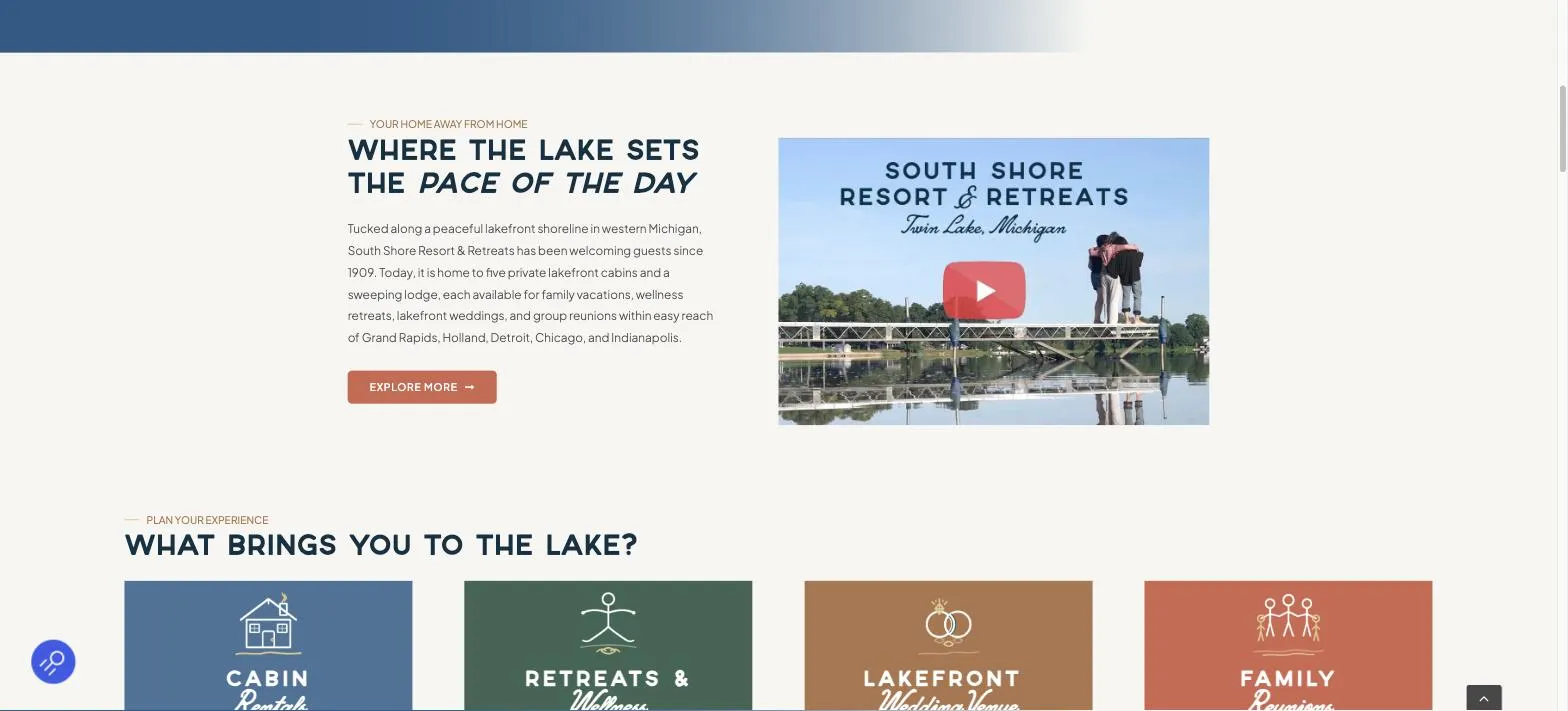 South Shore Resort and Retreats website built by Crown Marketing, lakefront cabin rentals in Twin Lake Michigan