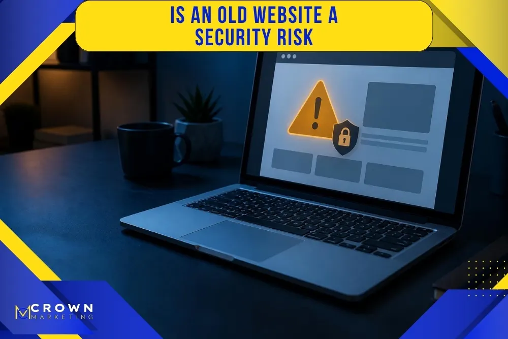 A laptop displays a security alert on a desk, with a mug and plant nearby, promoting Crown Marketing's website design services for enhanced online security.| Crown Marketing Digital Marketing Agency Las Vegas