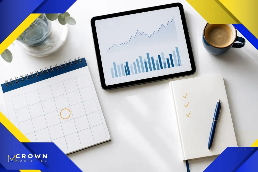 Monthly analytics review dashboard with trends, channels, and action items.