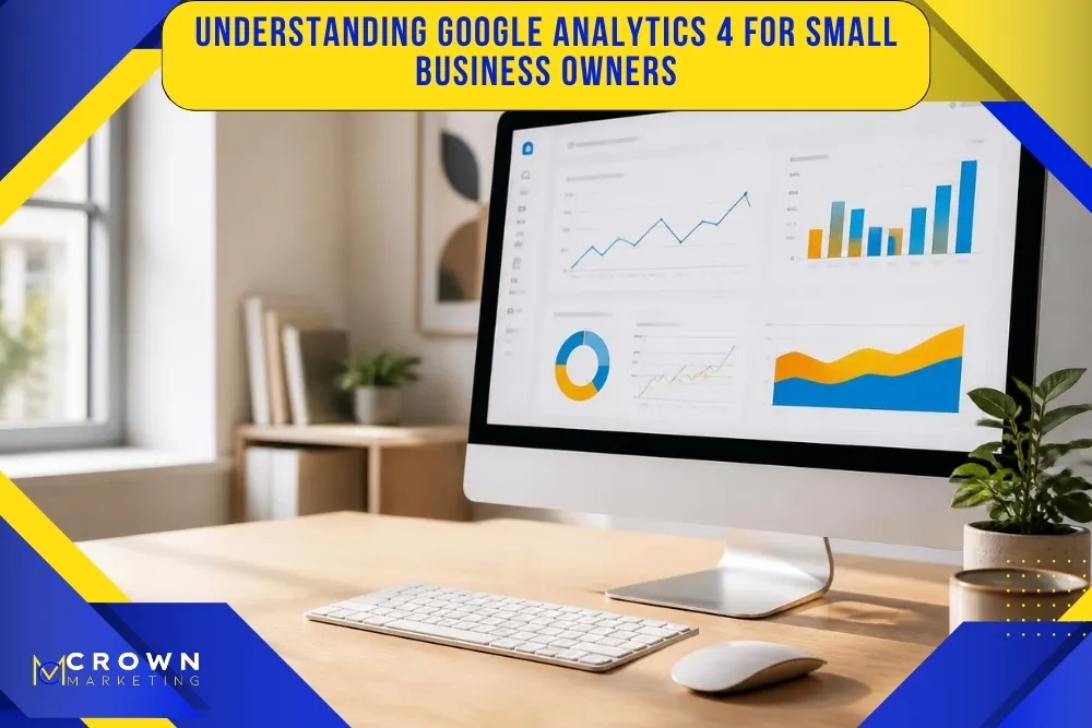 A modern office desk with a computer displaying analytics graphs, promoting Crown Marketing's SEO Las Vegas and digital marketing services.| Crown Marketing Digital Marketing Agency Las Vegas